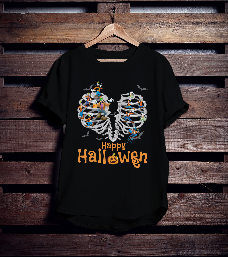 Happy Halloween Goofy Skeleton Ribcage Bats T-Shirt