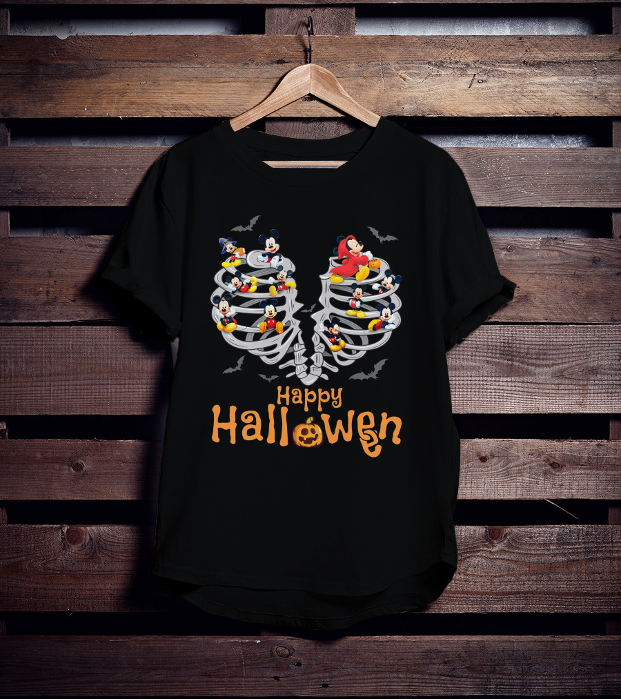 Happy Halloween Mickey Rib Skeleton Bats T-Shirt