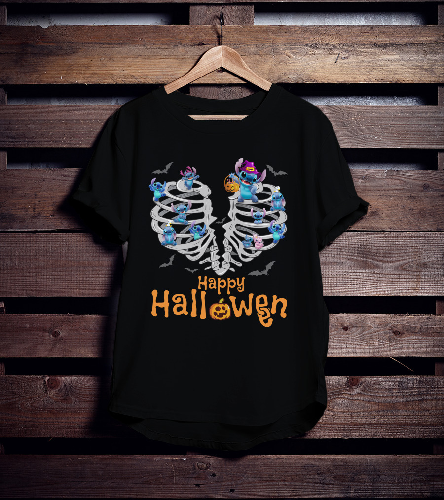 Happy Halloween Stitch Skeleton Ribcage Bats T-Shirt