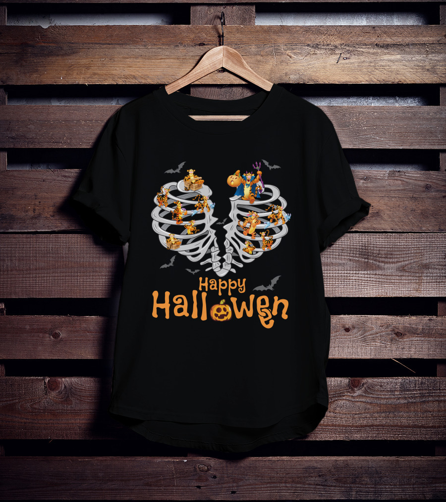 Happy Halloween Tigger Skeleton Ribcage Bat Pumpkin T-Shirt