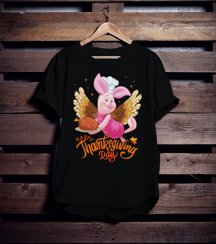Happy Thanksgiving Day Piglet Chef With Turkey And Wings T-Shirt