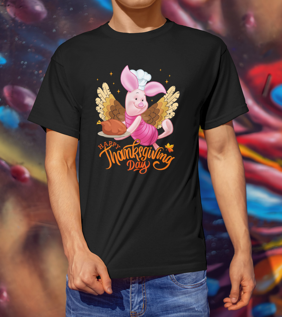 Happy Thanksgiving Day Piglet Chef With Turkey And Wings T-Shirt