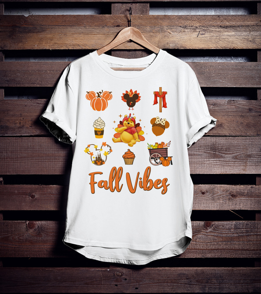 Fall Vibes Pooh Thanksgiving Pumpkin Cupcake Latte Turkey Cart T-Shirt