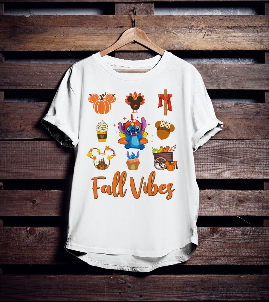 Stitch Fall Vibes Pumpkin Mickey Cupcake Autumn Cart Wagon Disney T-Shirt
