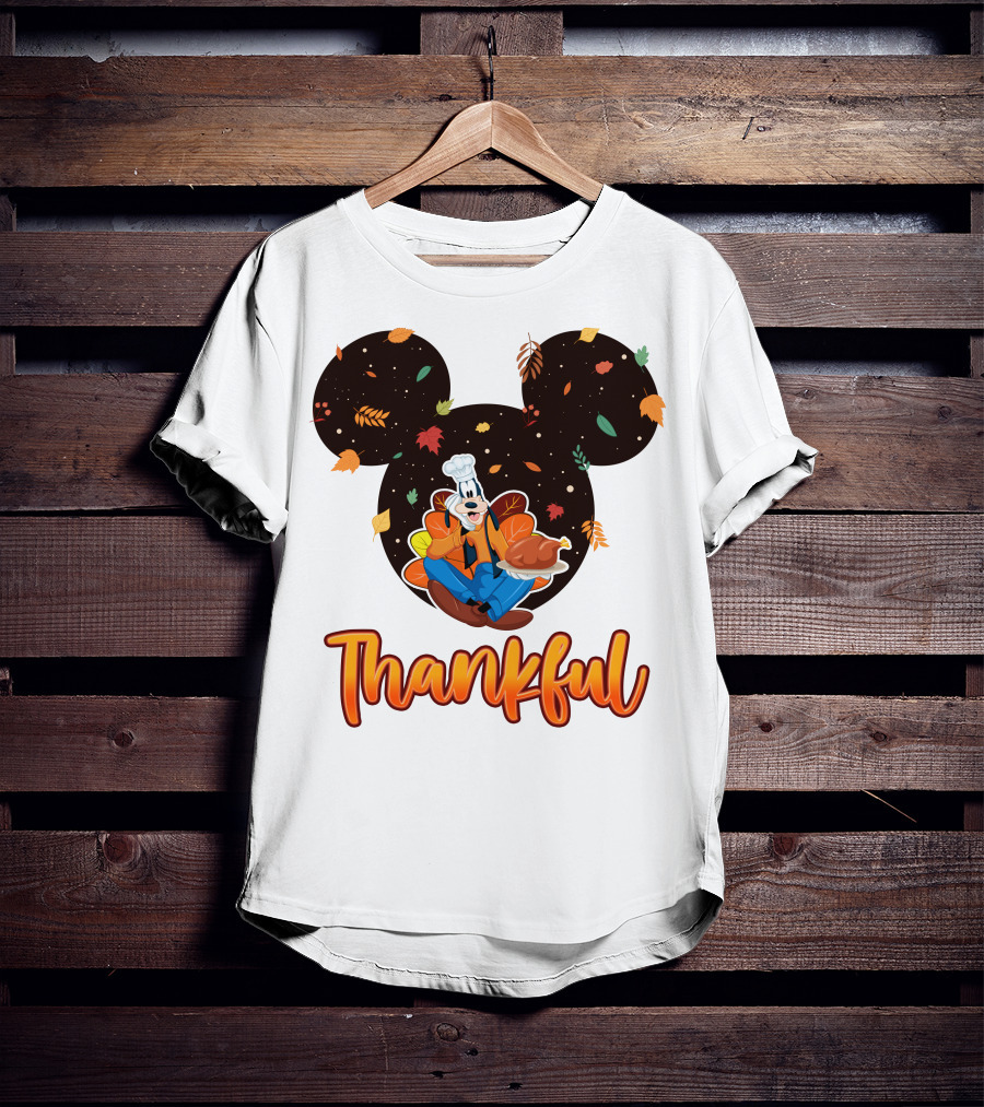 Thankful Goofy Chef With Turkey And Autumn Leaves Mickey Ears T-Shirt