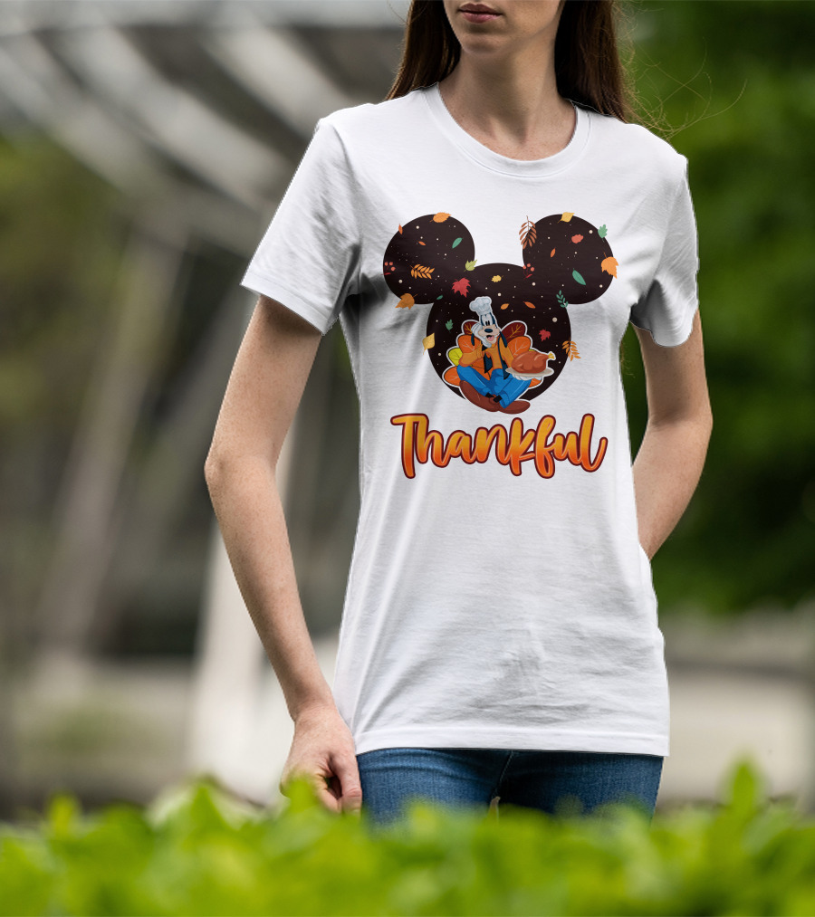 Thankful Goofy Chef With Turkey And Autumn Leaves Mickey Ears T-Shirt