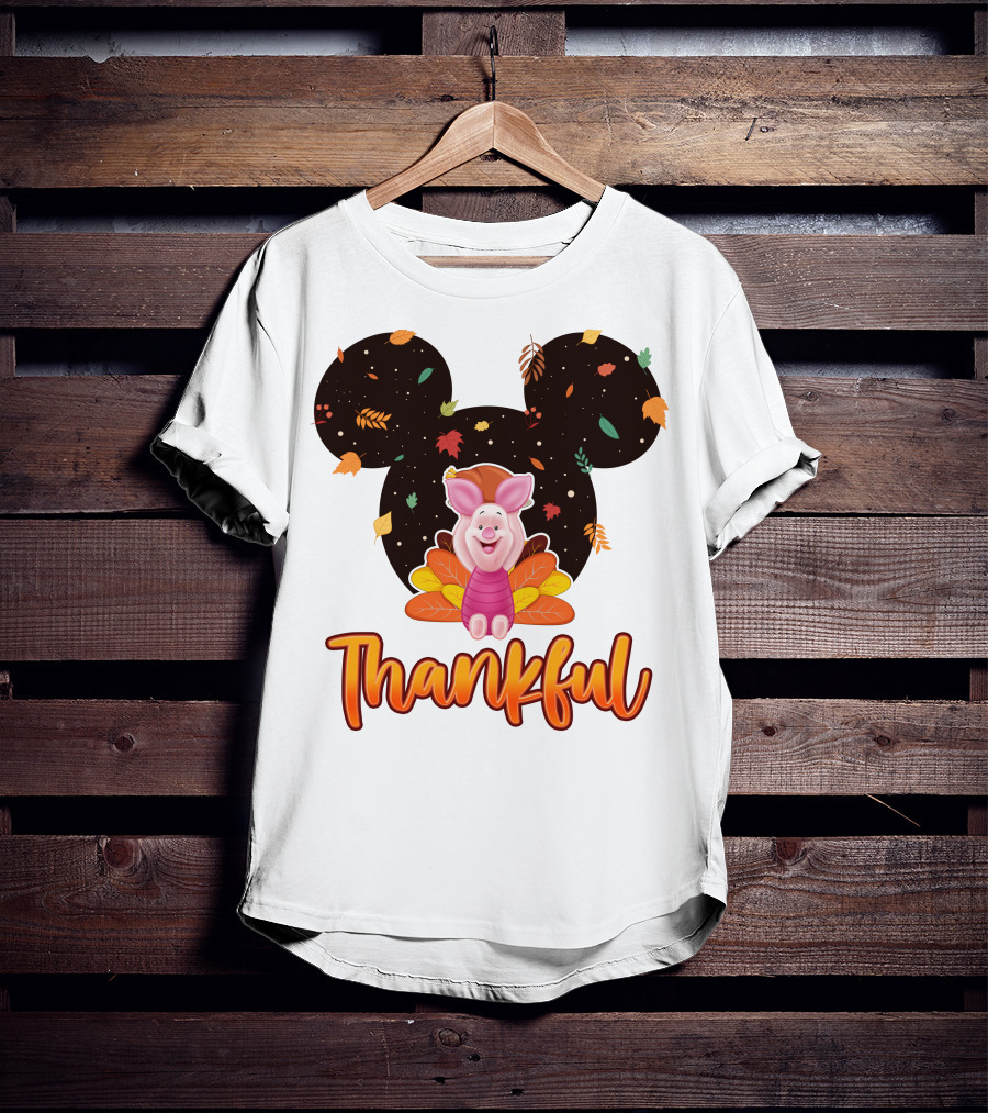 Thankful Piglet With Mickey Ears And Autumn Leaves T-Shirt
