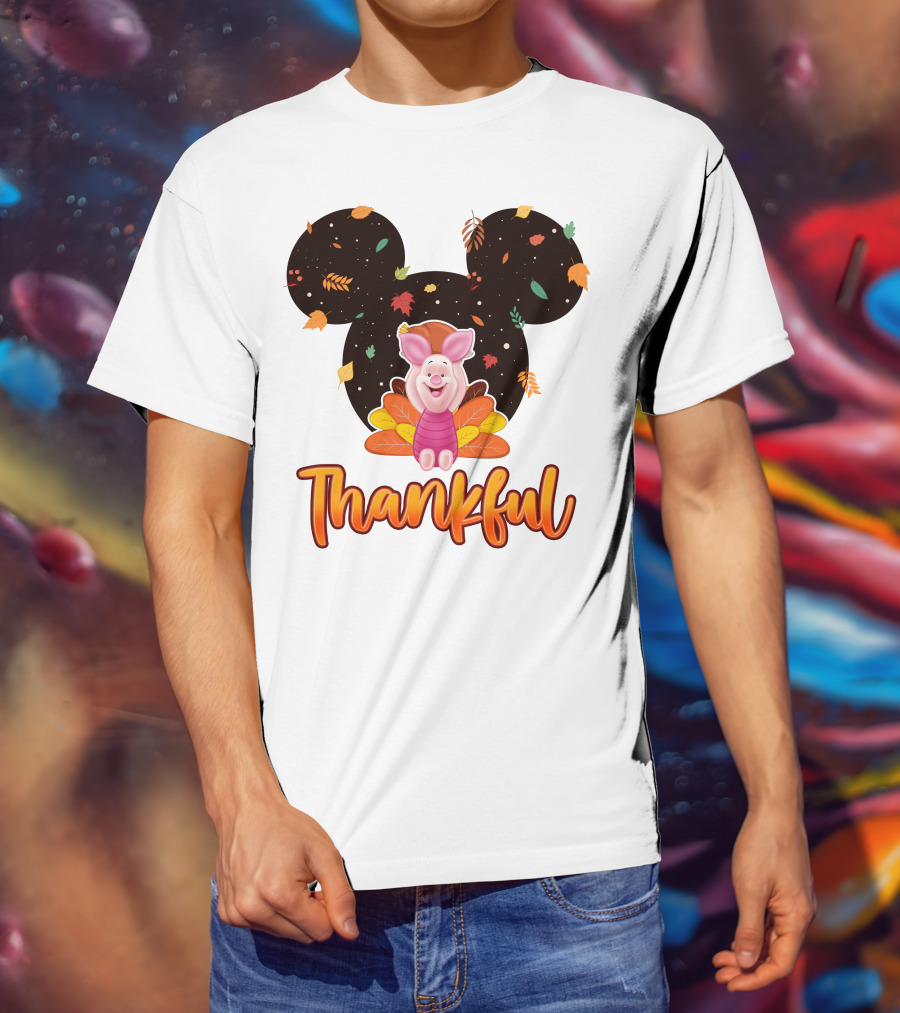 Thankful Piglet With Mickey Ears And Autumn Leaves T-Shirt