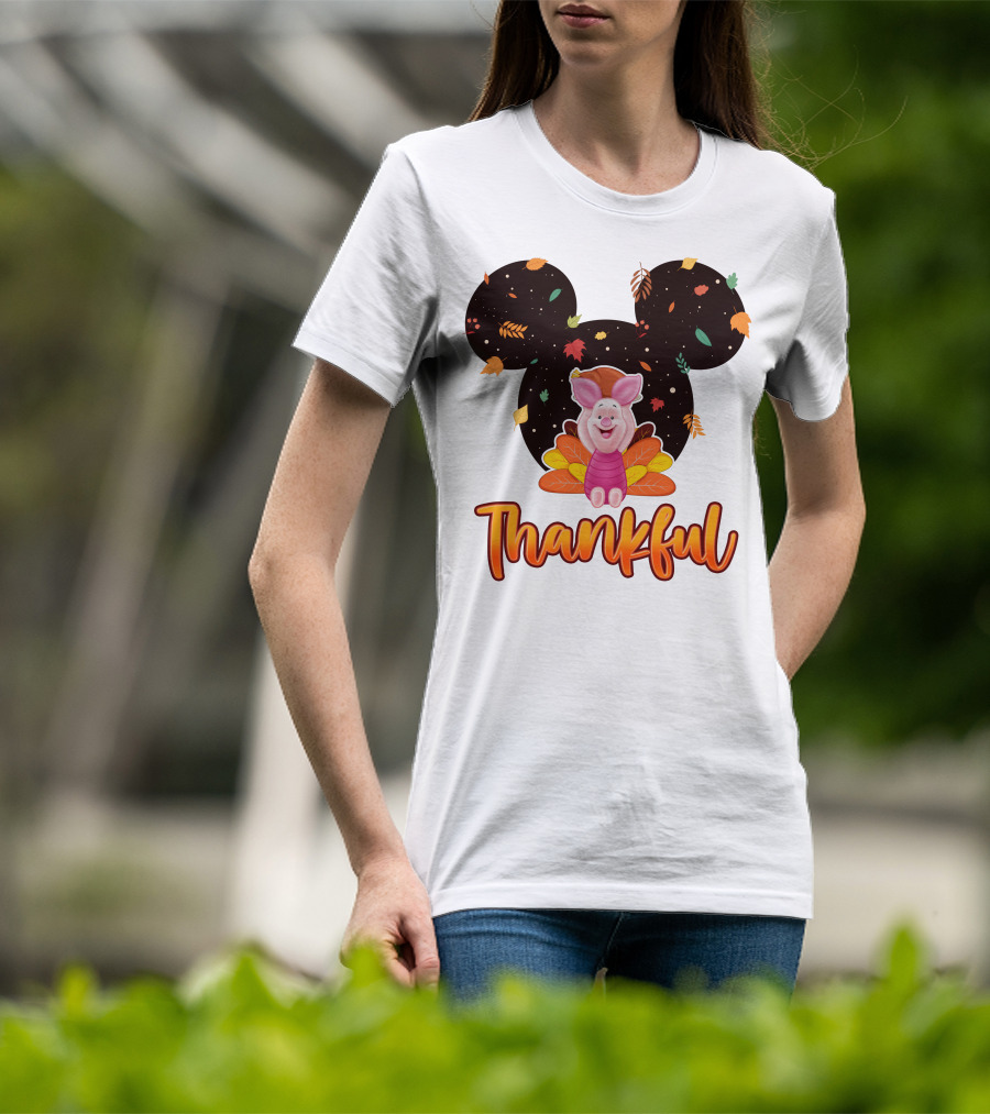 Thankful Piglet With Mickey Ears And Autumn Leaves T-Shirt