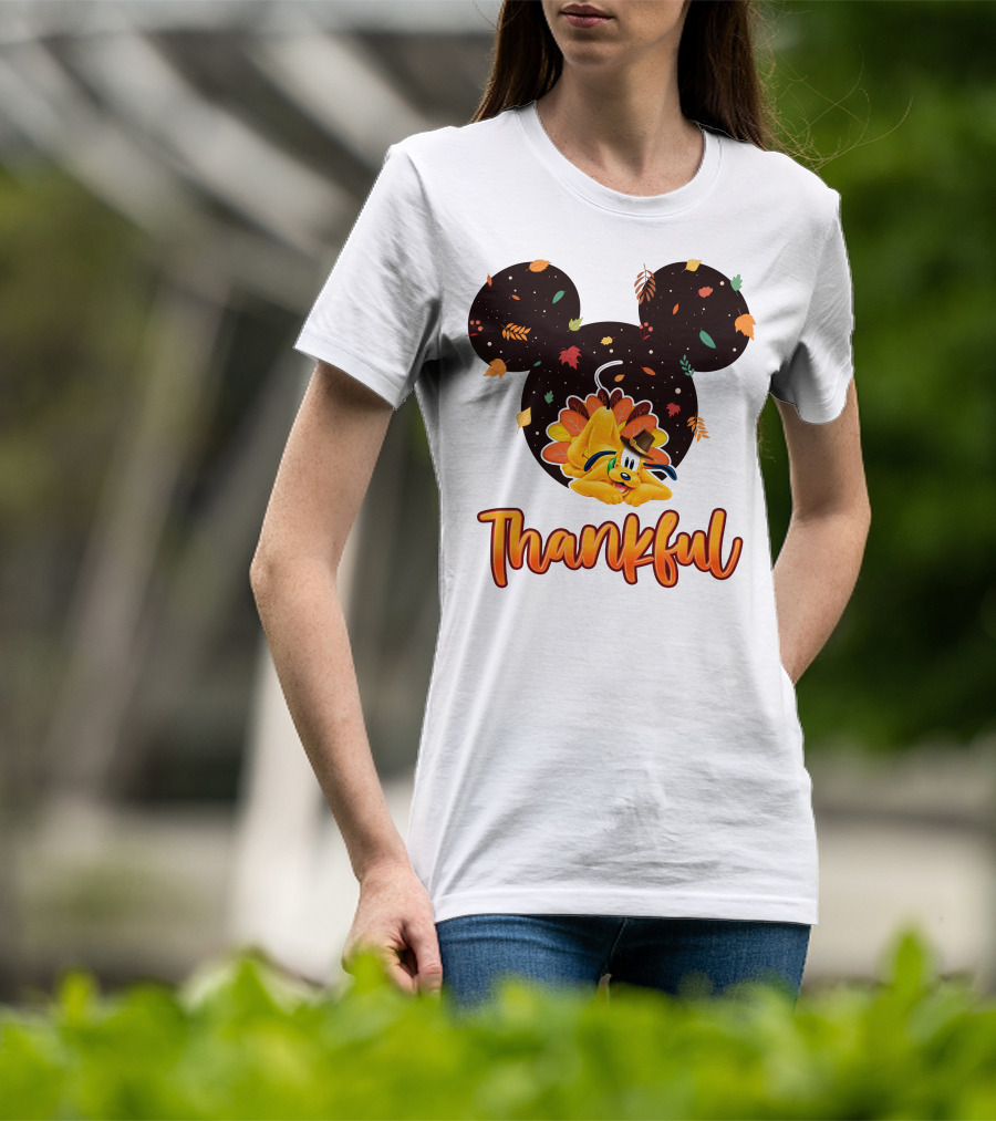 Thankful Pluto In Autumn Leaves Mickey Ears T-Shirt
