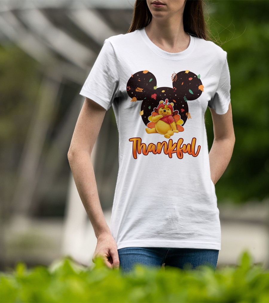Thankful Pooh Turkey Costume Mickey Ears Leaves T-Shirt