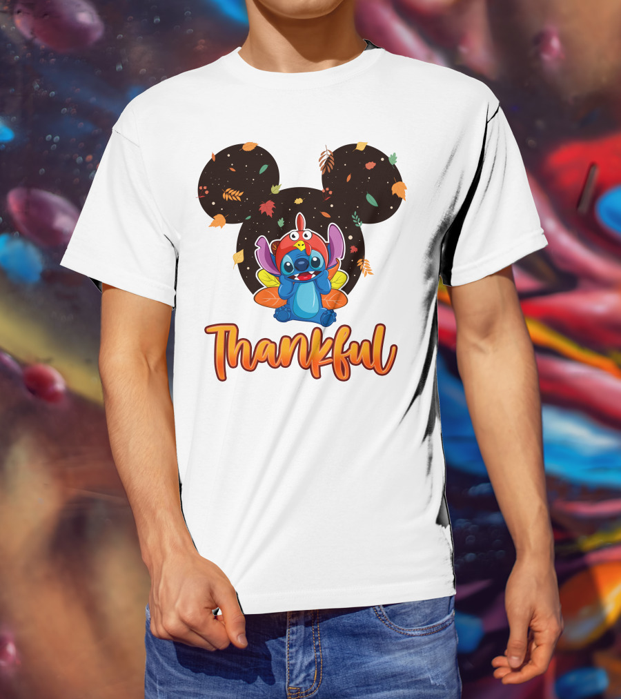 Thankful Stitch Thanksgiving Mickey Ears Autumn Leaves T-Shirt