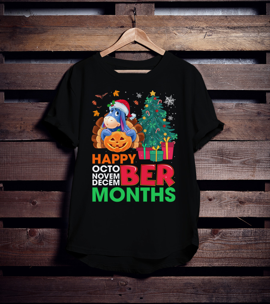 Happy Octo Novem Decem Ber Months Eeyore Pumpkin Christmas Tree Gifts Santa Hat T-Shirt