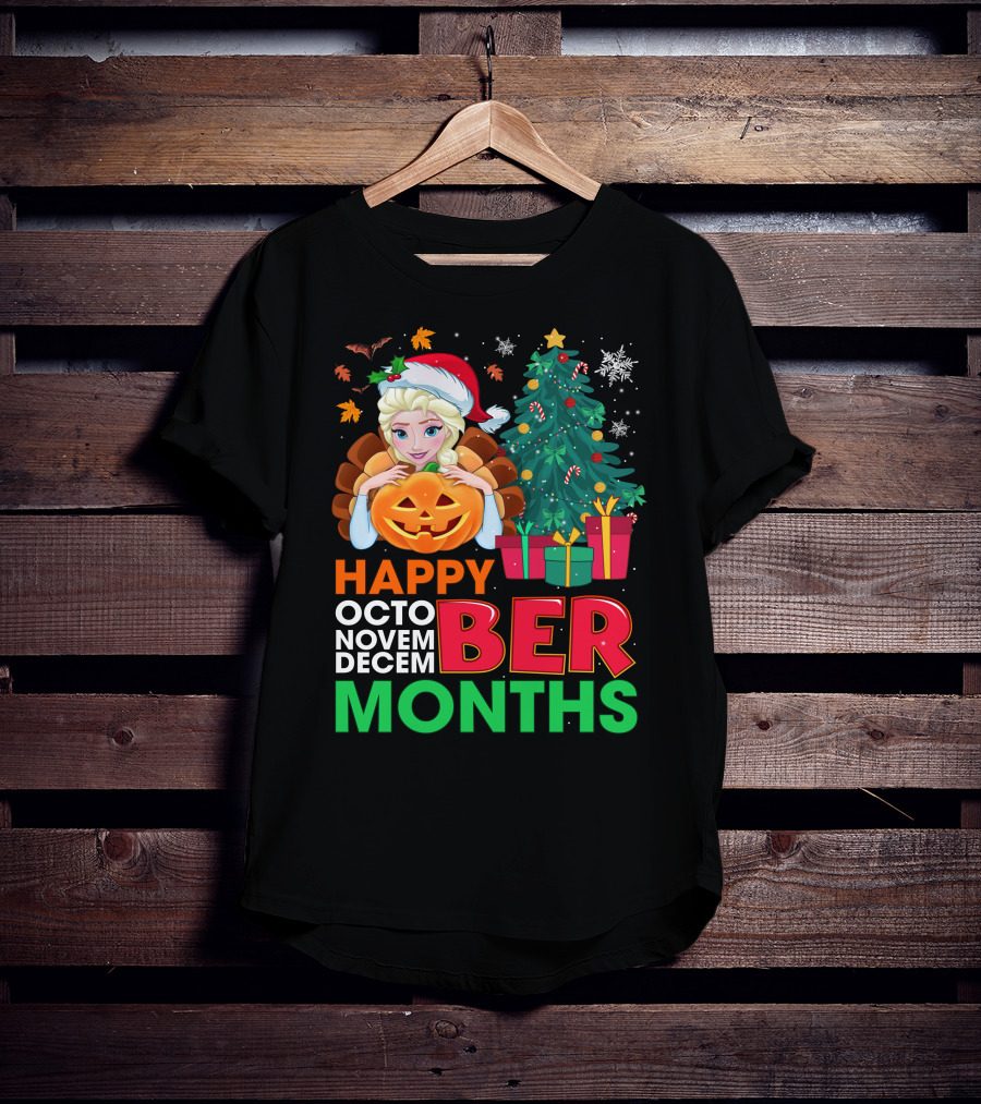 Happy Octo Novem Decem Ber Months Elsa Santa Hat Pumpkin Christmas Tree Presents T-Shirt