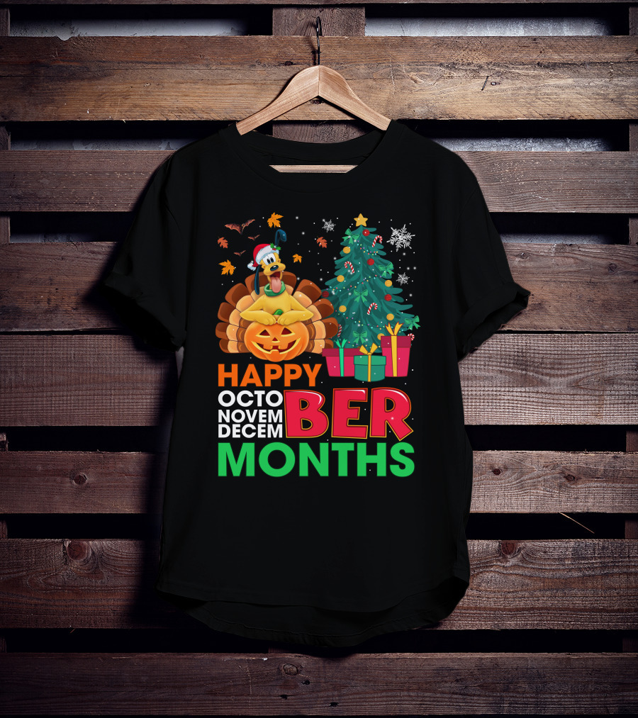 Happy Octo Novem Decem Ber Months Pluto Turkey Pumpkin Christmas Tree Presents T-Shirt