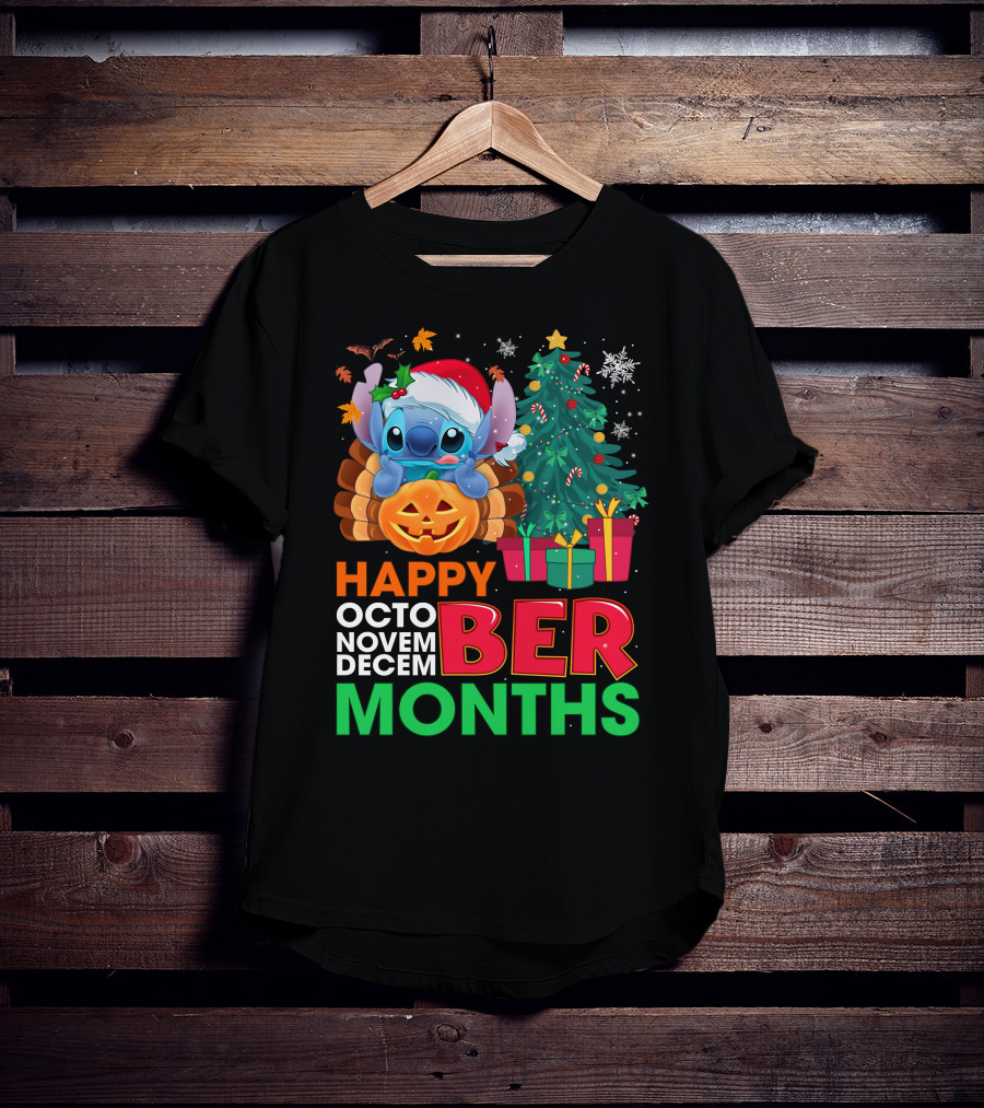 Happy Octo Novem Decem Ber Months Stitch Santa Hat Turkey Pumpkin Christmas Tree Presents T-Shirt