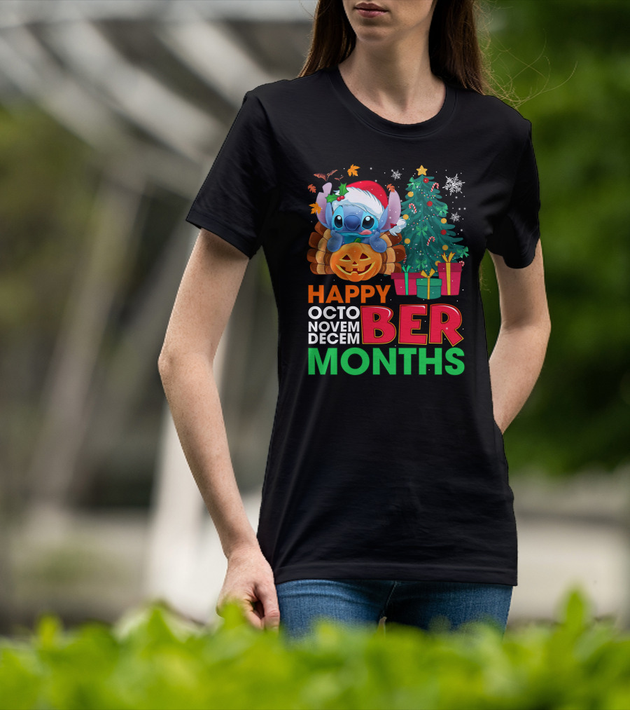 Happy Octo Novem Decem Ber Months Stitch Santa Hat Turkey Pumpkin Christmas Tree Presents T-Shirt