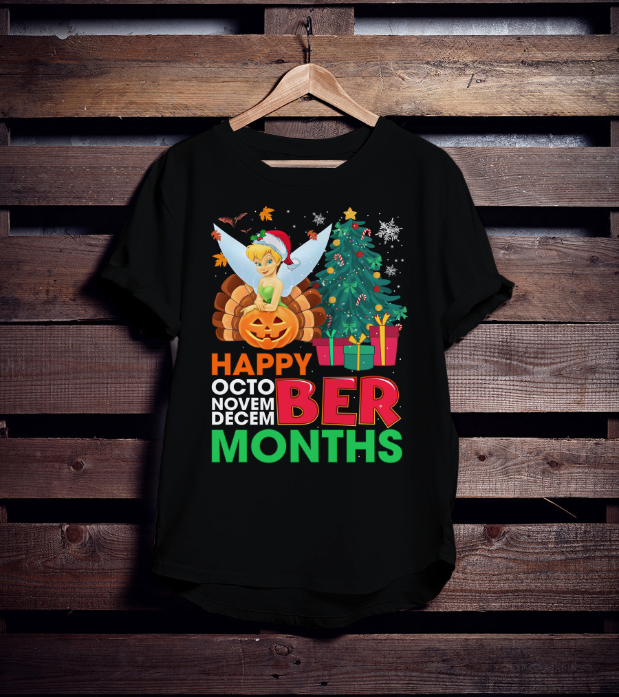 Happy Octo Novem Decem Ber Months Tinker Bell Christmas Tree Thanksgiving Pumpkin Santa Hat T-Shirt