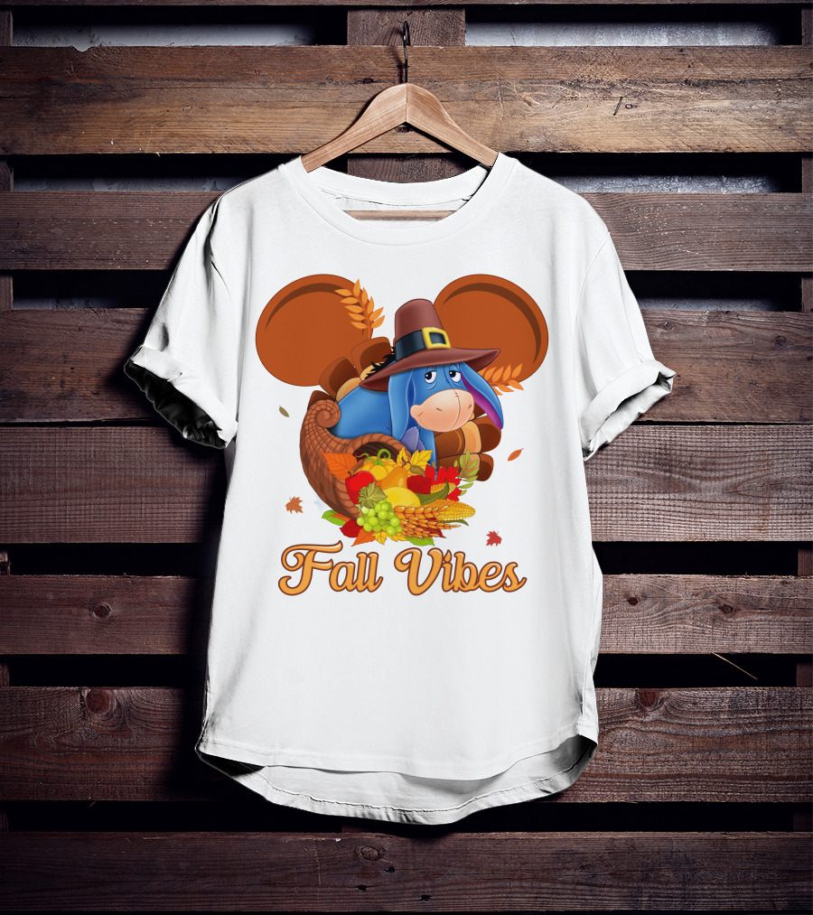 Eeyore Fall Vibes Cornucopia With Pilgrim Hat And Autumn Leaves T-Shirt