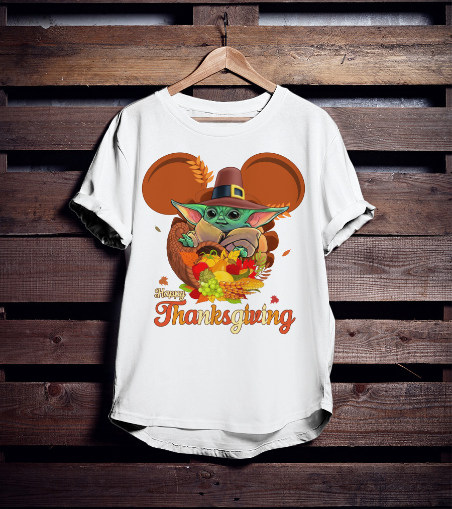 Happy Thanksgiving Baby Yoda Cornucopia With Pilgrim Hat T-Shirt