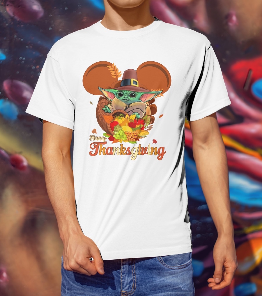 Happy Thanksgiving Baby Yoda Cornucopia With Pilgrim Hat T-Shirt
