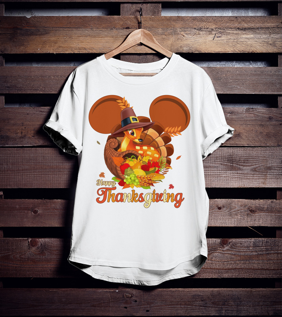 Happy Thanksgiving Bambi In Pilgrim Hat With Cornucopia And Mickey Ears T-Shirt
