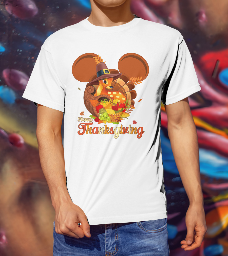 Happy Thanksgiving Bambi In Pilgrim Hat With Cornucopia And Mickey Ears T-Shirt