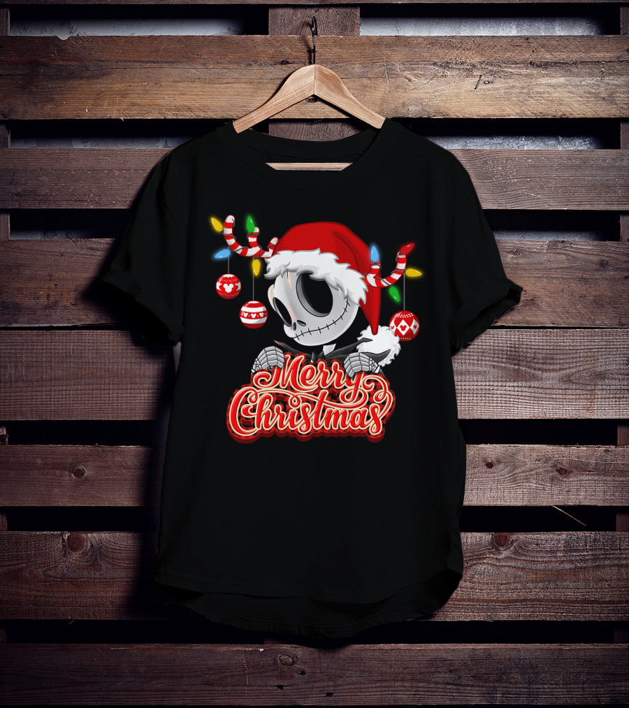 Merry Christmas Santa Jack Skellington With Candy Cane Lights And Ornaments T-Shirt