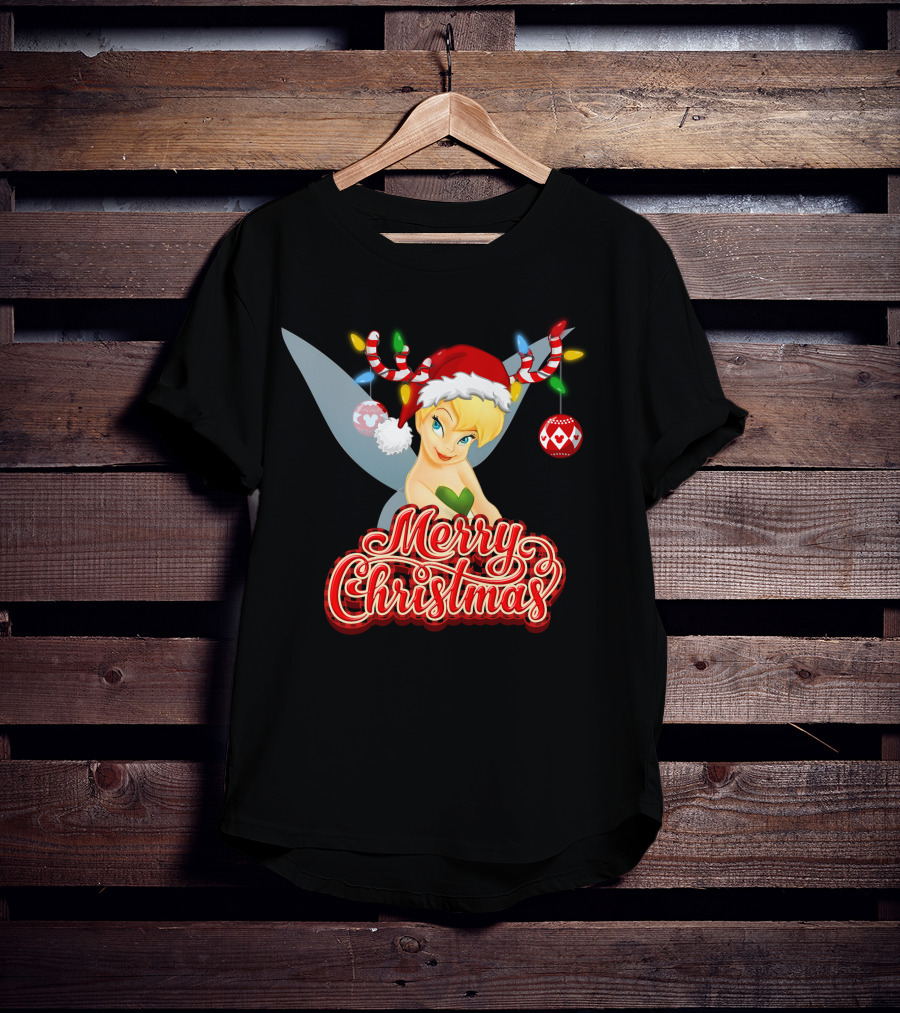 Merry Christmas Tinkerbell Santa Hat Reindeer Antlers Lights Holiday T-Shirt