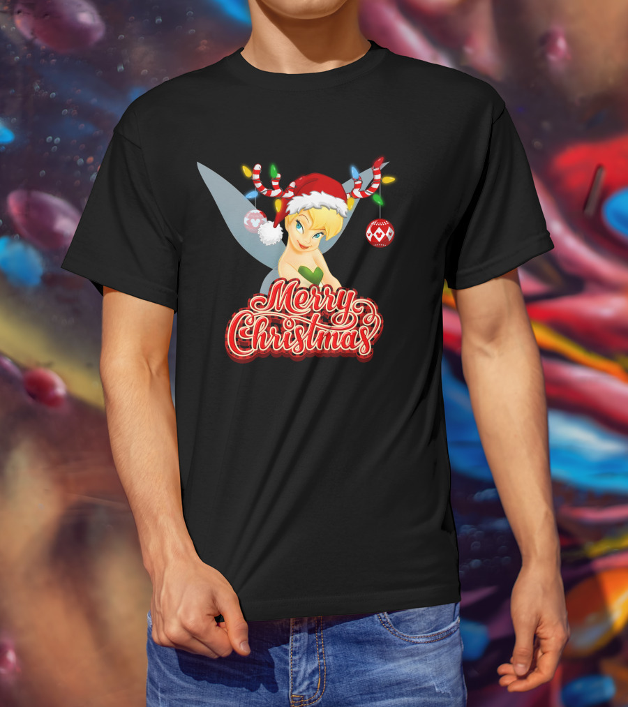 Merry Christmas Tinkerbell Santa Hat Reindeer Antlers Lights Holiday T-Shirt