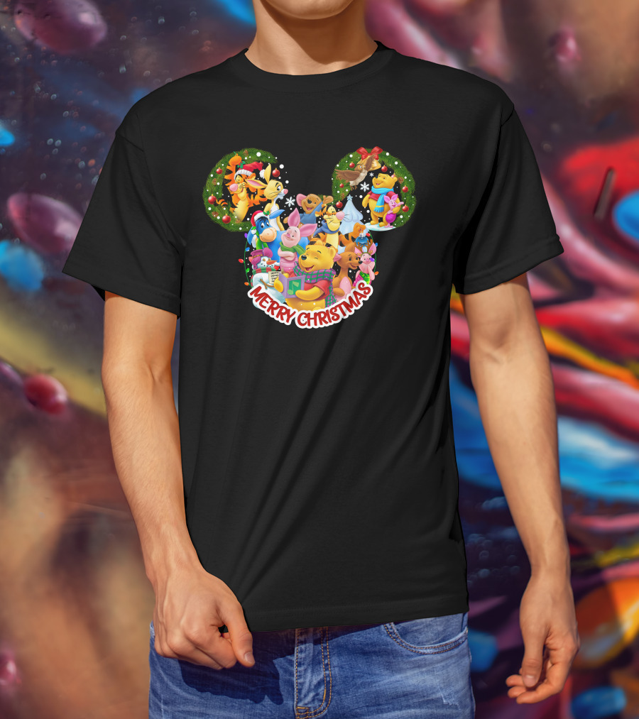 Merry Christmas Winnie The Pooh Disney Characters Mickey Ears T-Shirt