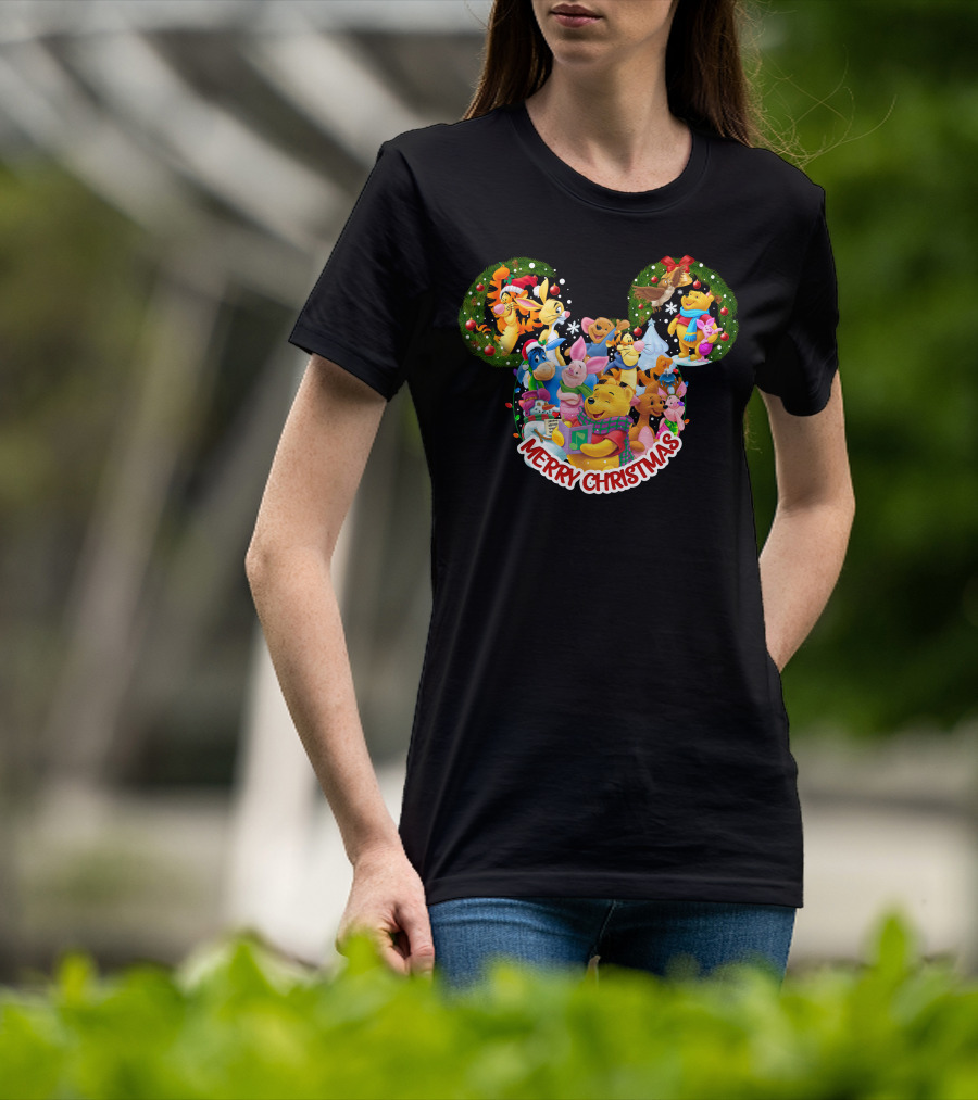 Merry Christmas Winnie The Pooh Disney Characters Mickey Ears T-Shirt