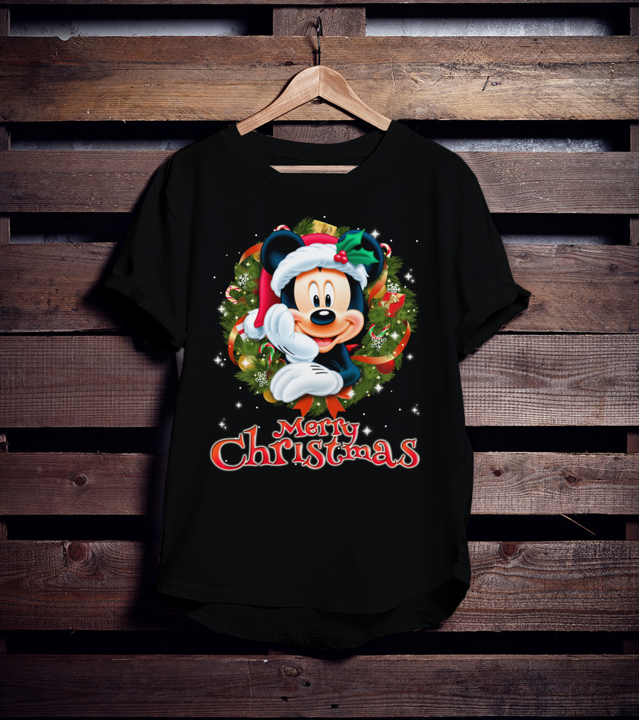Mickey Merry Christmas Santa Hat With Holly Wreath T-Shirt