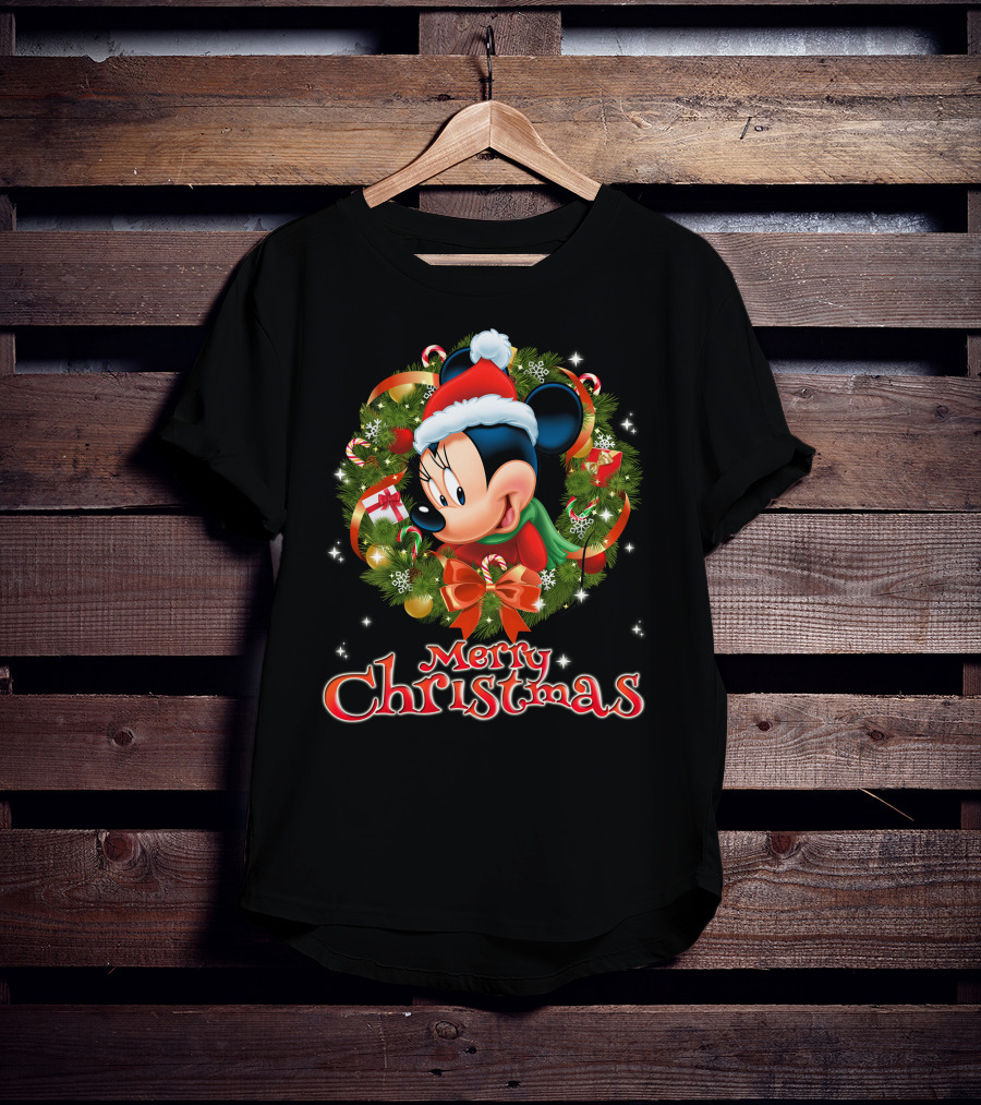 Minnie Mouse Merry Christmas Wreath Santa Hat Holiday Decor T-Shirt