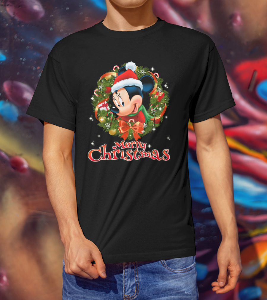 Minnie Mouse Merry Christmas Wreath Santa Hat Holiday Decor T-Shirt