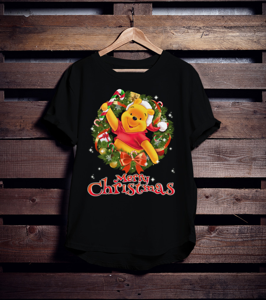 Merry Christmas Pooh Bear Wreath Candy Cane Santa Hat T-Shirt