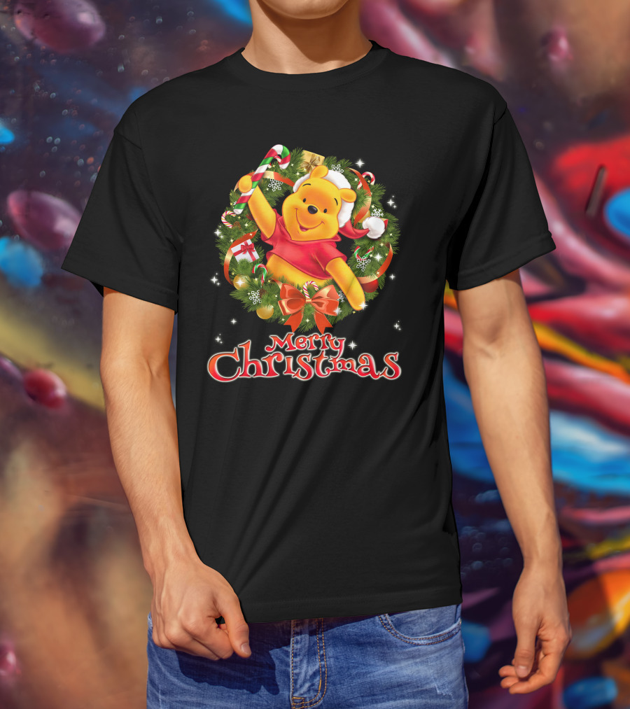 Merry Christmas Pooh Bear Wreath Candy Cane Santa Hat T-Shirt