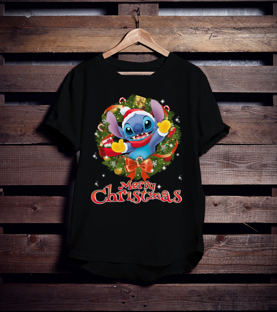 Merry Christmas Stitch Holiday Wreath Santa Hat Candy Cane T-Shirt