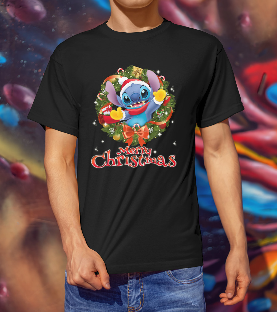 Merry Christmas Stitch Holiday Wreath Santa Hat Candy Cane T-Shirt