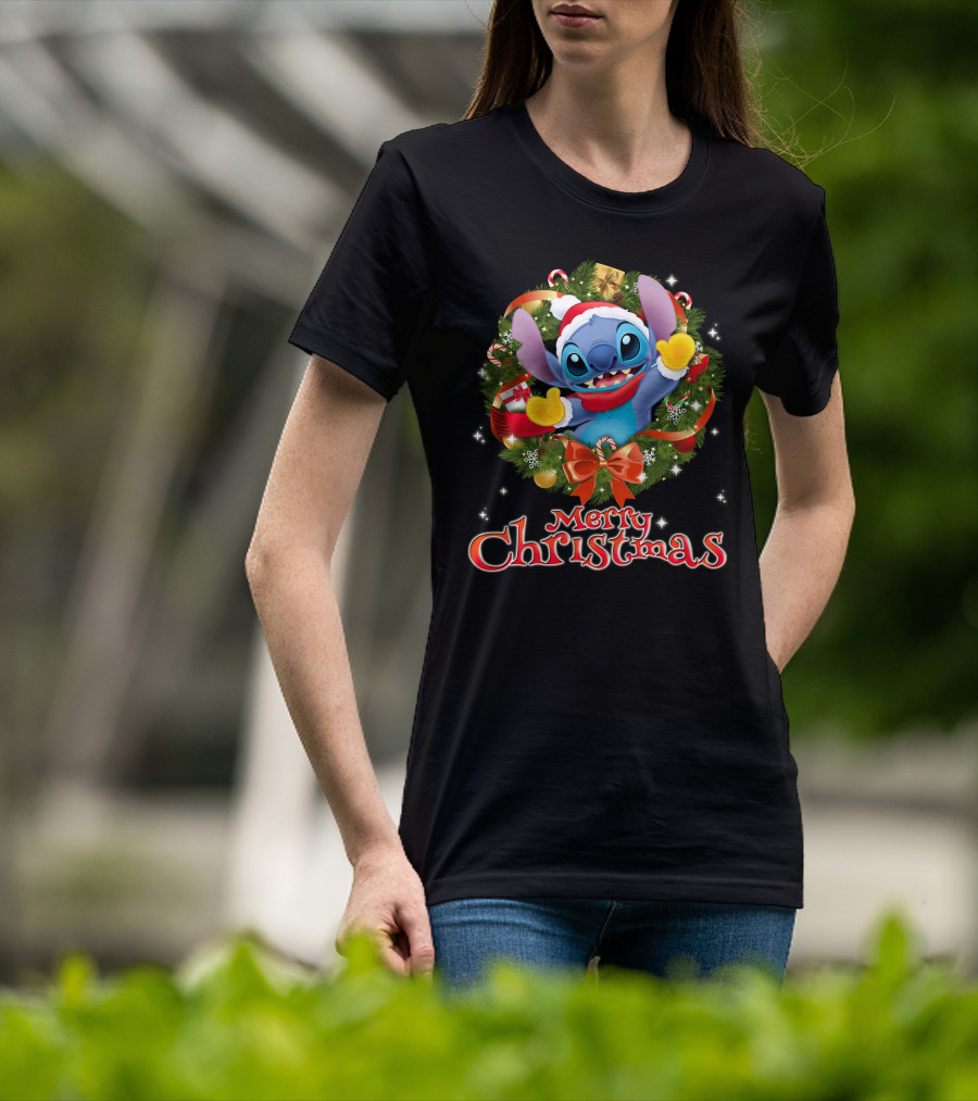 Merry Christmas Stitch Holiday Wreath Santa Hat Candy Cane T-Shirt