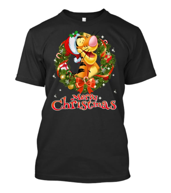 Tigger Merry Christmas Wreath Santa Hat T-Shirt