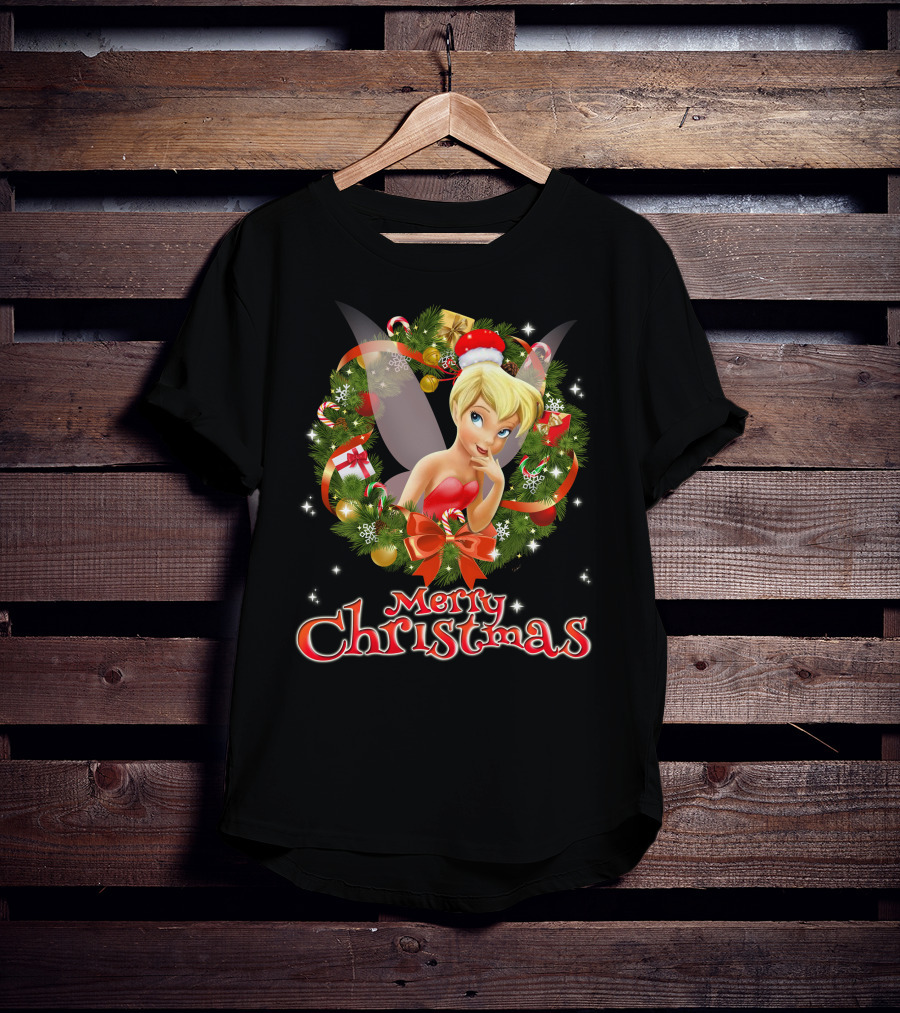 Merry Christmas Tinkerbell With Holiday Wreath T-Shirt