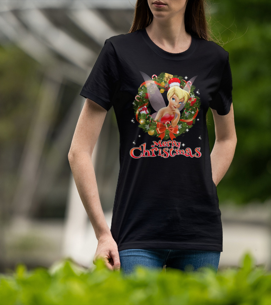 Merry Christmas Tinkerbell With Holiday Wreath T-Shirt