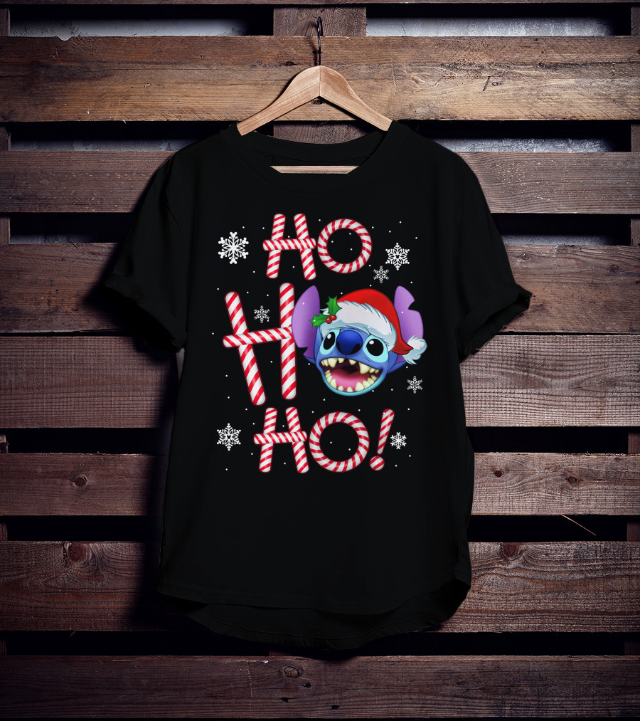 Ho Ho Ho Stitch Santa Hat Snowflakes Candy Cane T-Shirt
