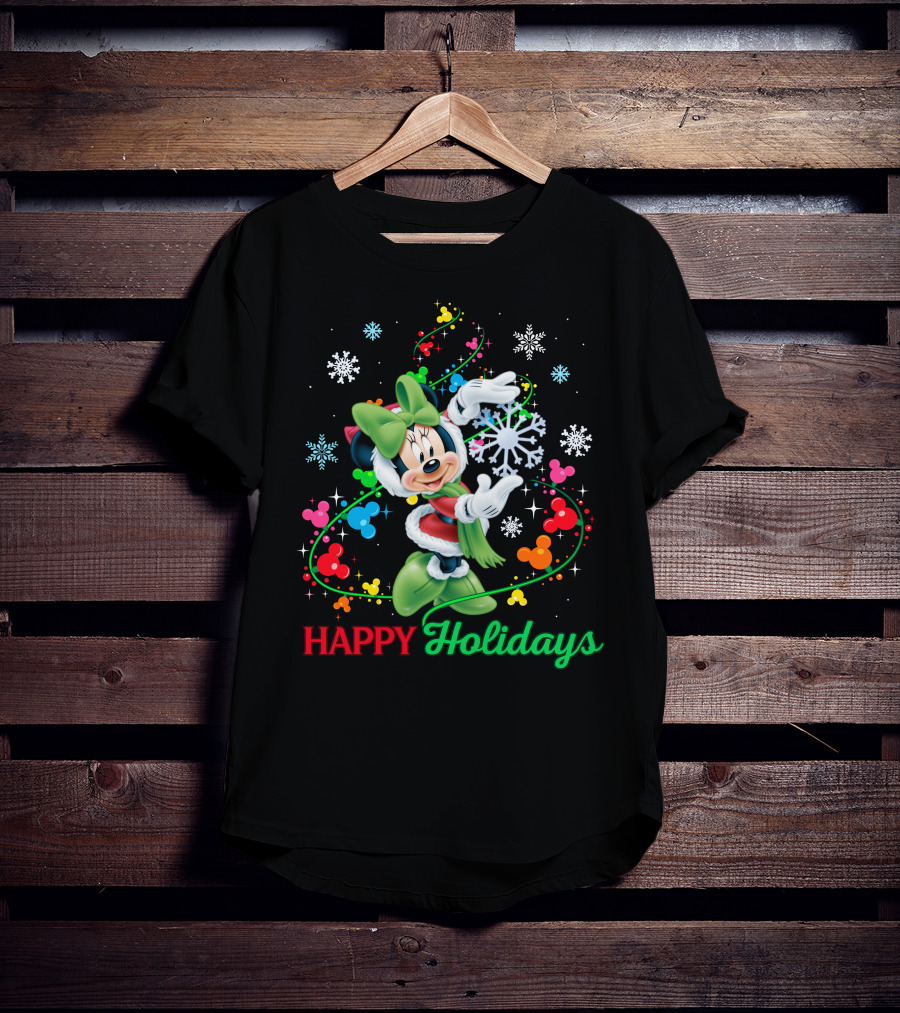 Happy Holidays Minnie Snowflakes And Colorful Mickey Icons T-Shirt