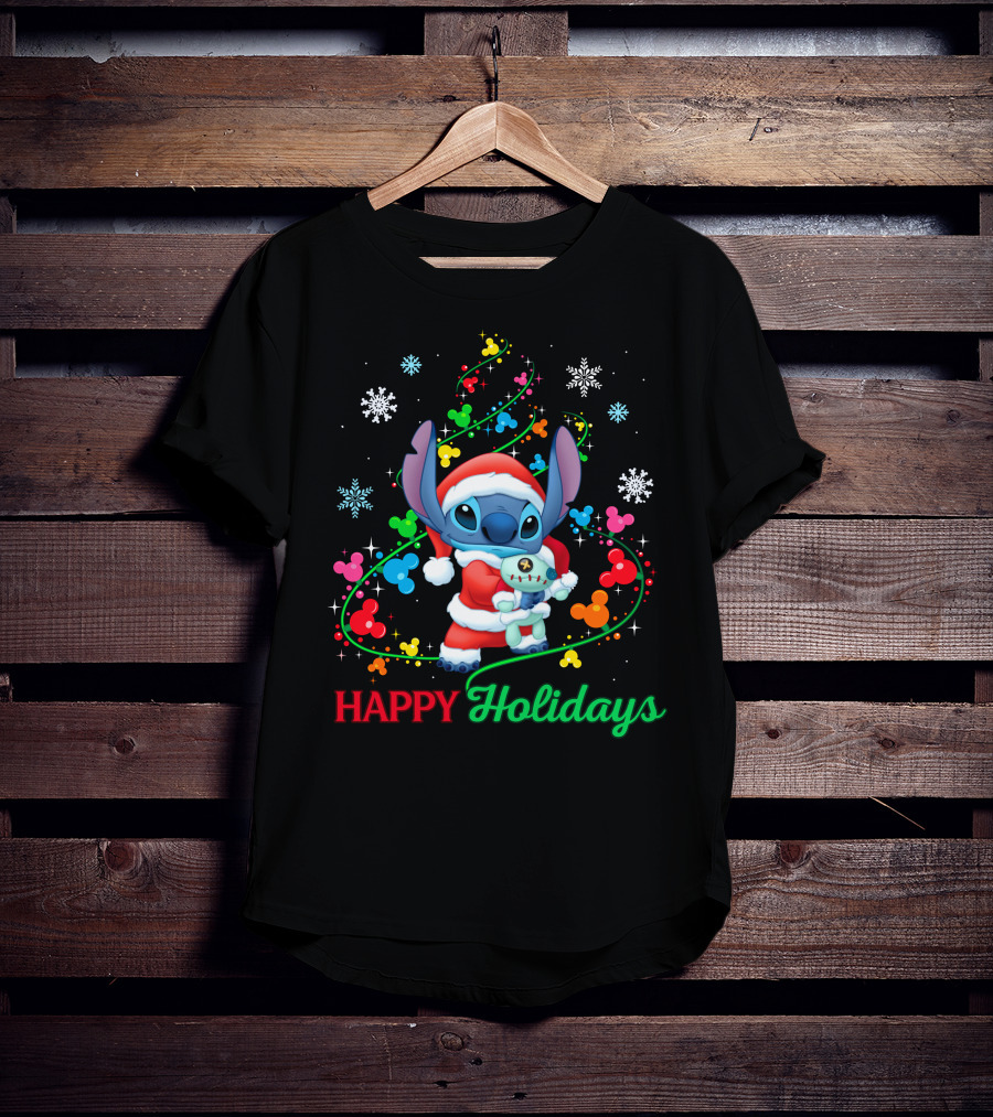 Happy Holidays Stitch Santa With Snowflakes And Mickey Mouse Ears T-Shirt