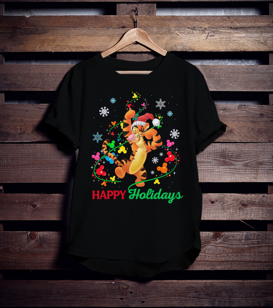 Tigger Happy Holidays Santa Hat Colorful Ornaments Mickey Mouse Ears Snowflakes T-Shirt