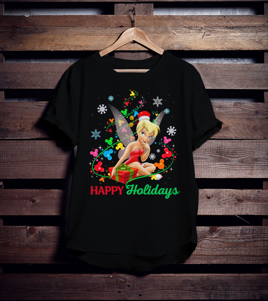 Happy Holidays Tinkerbell Santa Hat And Present T-Shirt
