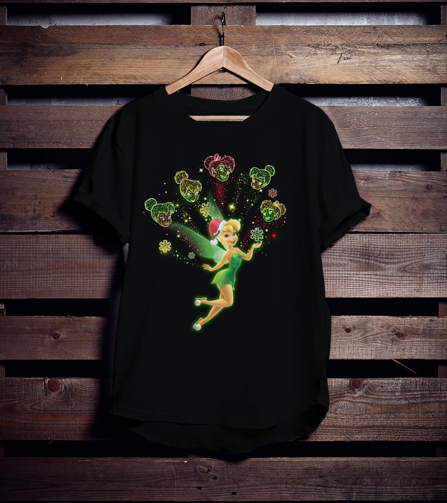 Tinkerbell Christmas Holiday Magic With Santa Hat And Glittering Stars T-Shirt