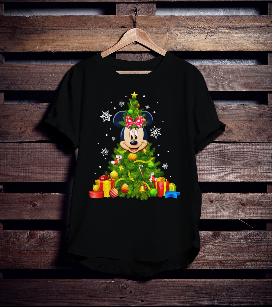 Minnie Mouse Christmas Tree With Gifts And Snowflakes T-Shirt